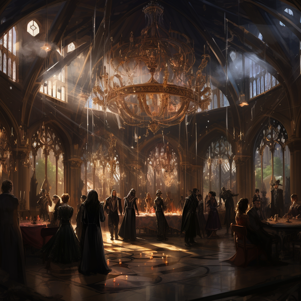 Steampunk reception hall with chandelier and cloaked people