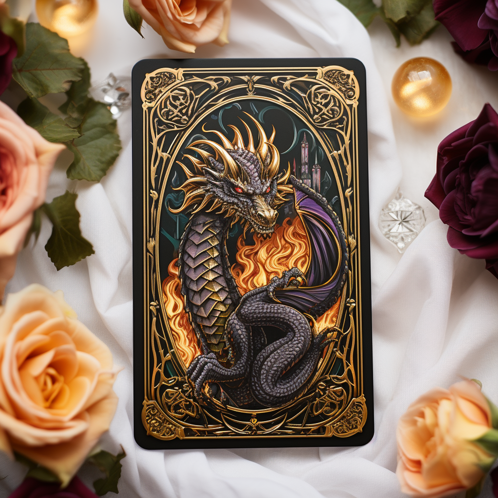 Fantasy Tarot with Black Dragon and Flowers