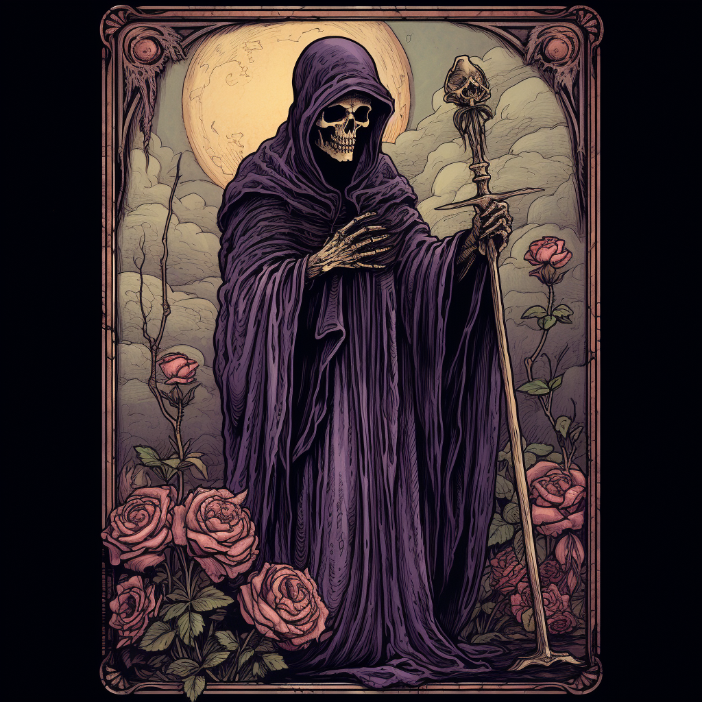 Grim Reaper holding purple rose