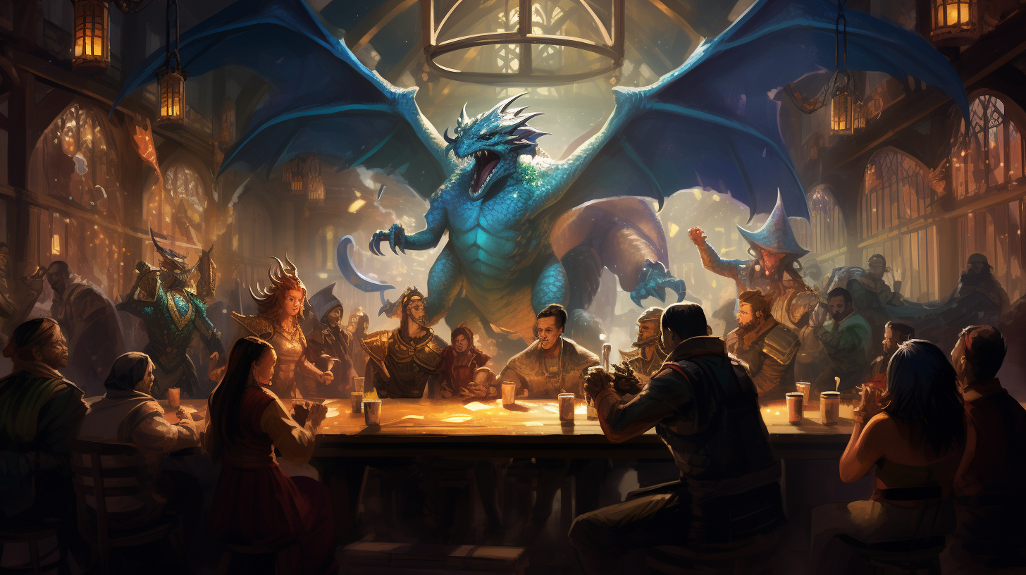 Illustration of Fantasy Tavern with Dragon Statue