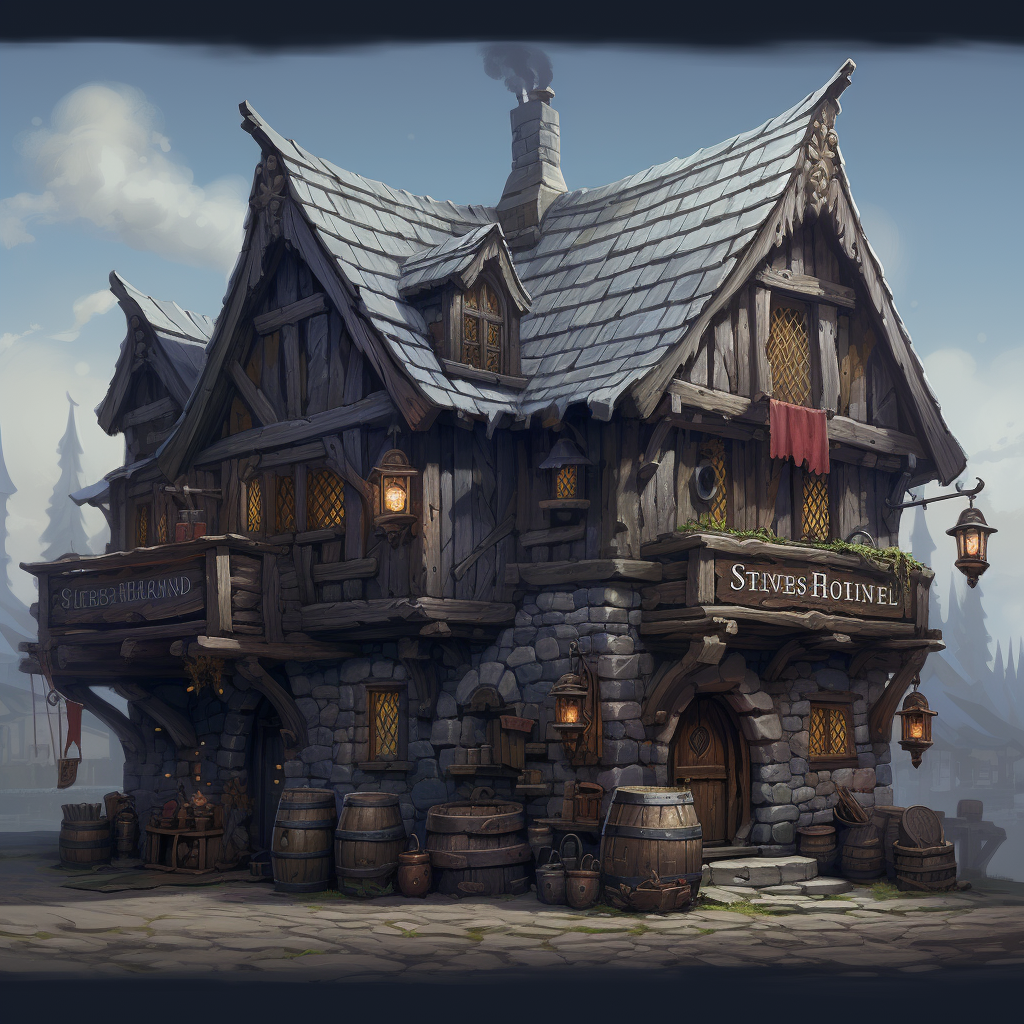 Exterior of fantasy tavern in bustling port town