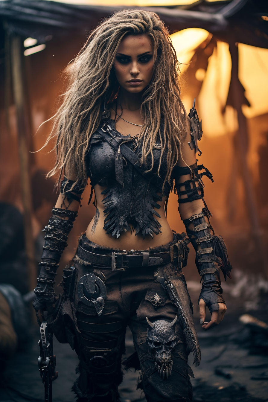 Realistic fantasy warrior woman in post-apocalyptic environment