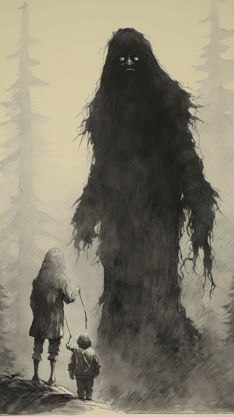 Happy wizard chatting with Bigfoot in fantasy illustration