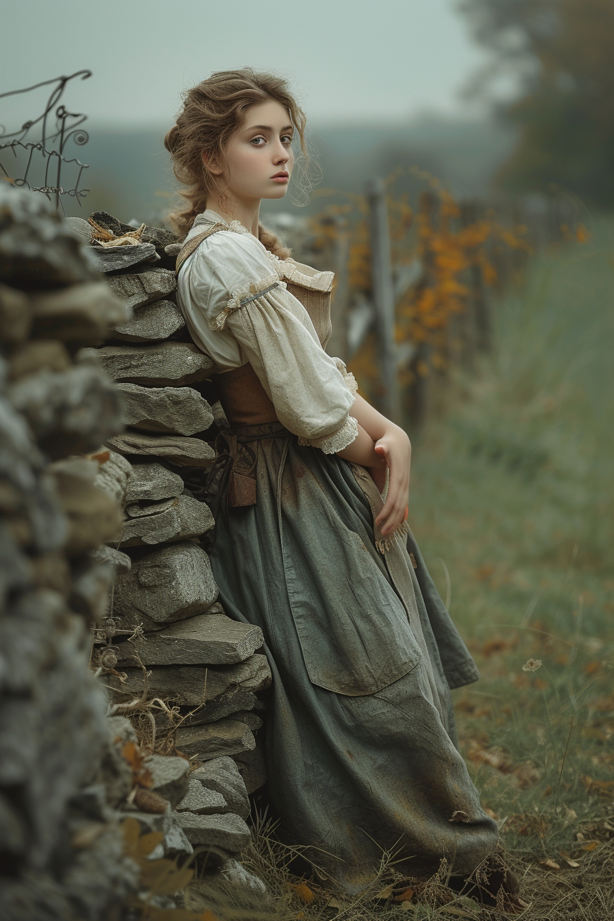 Fantasy-style woman leaning on stone fence