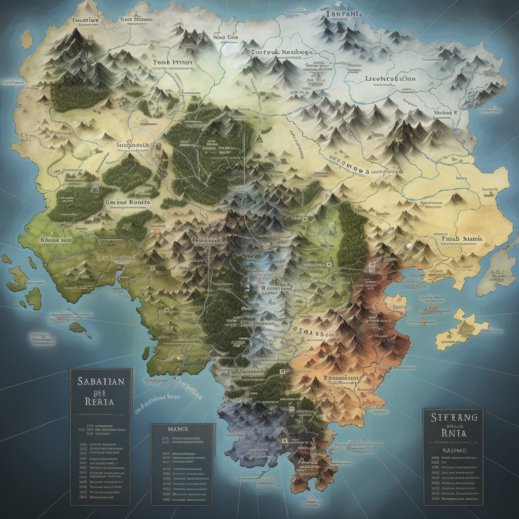 Political map of fantasy world with towns and cities