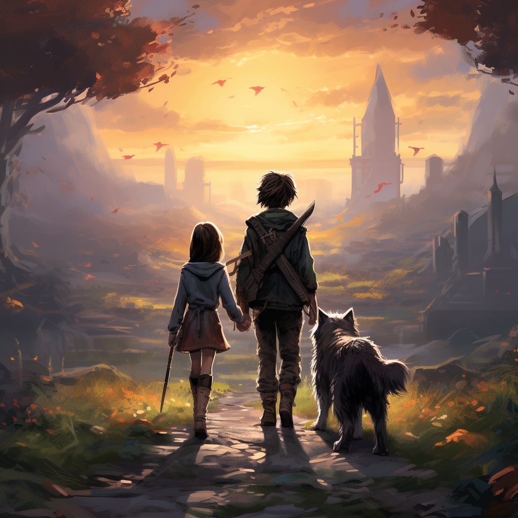 Two characters and dog walking into a fantasy world