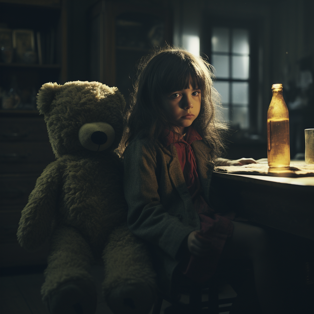 Small girl with teddy bear and cocktail glass