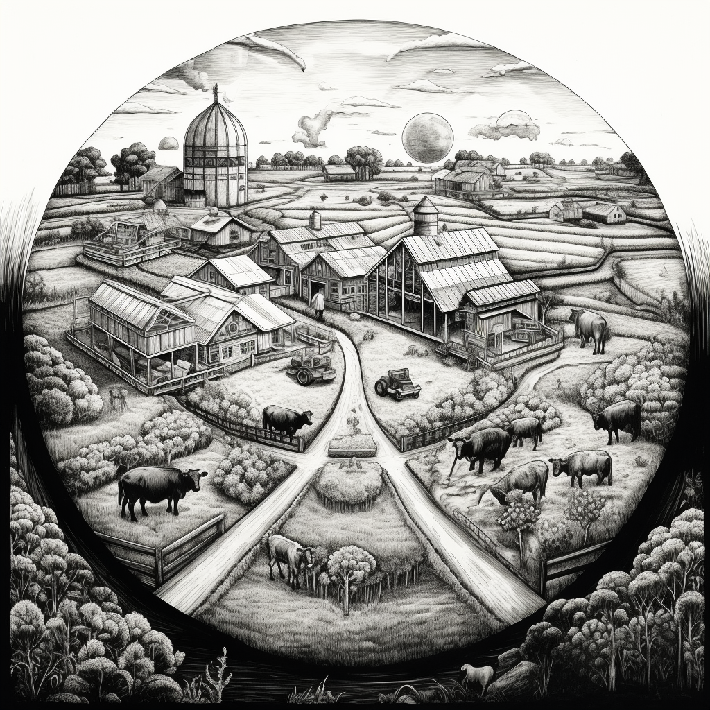 Black and White Sketch of a Farm World