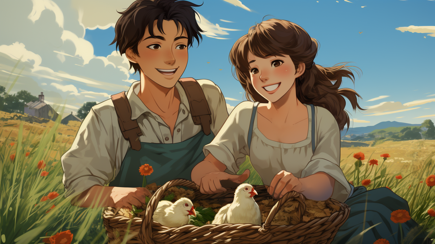 Happy farmer and wife at chicken coop