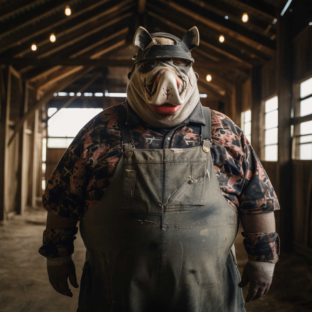 Heavy farmer holding large screwdriver in barn