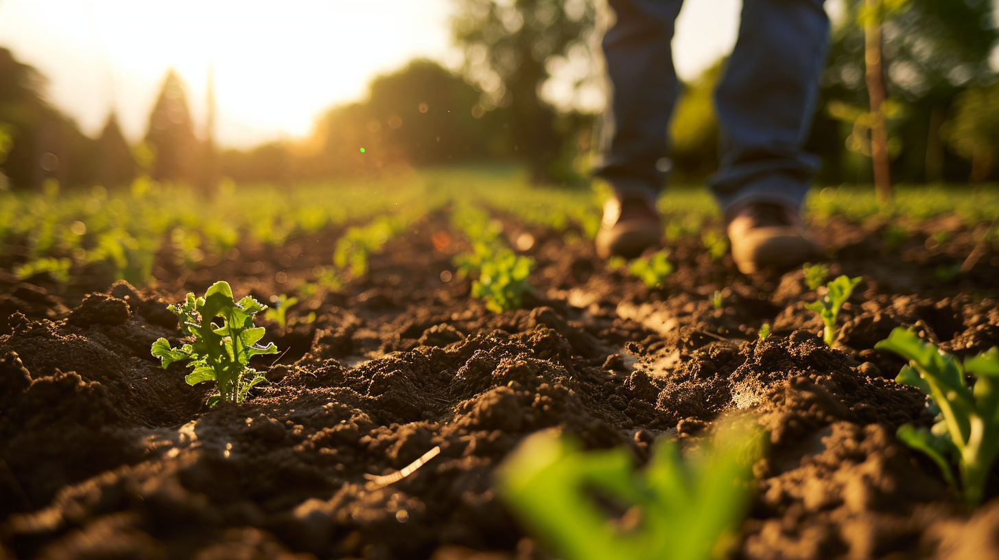 Farmer checking soil in green field