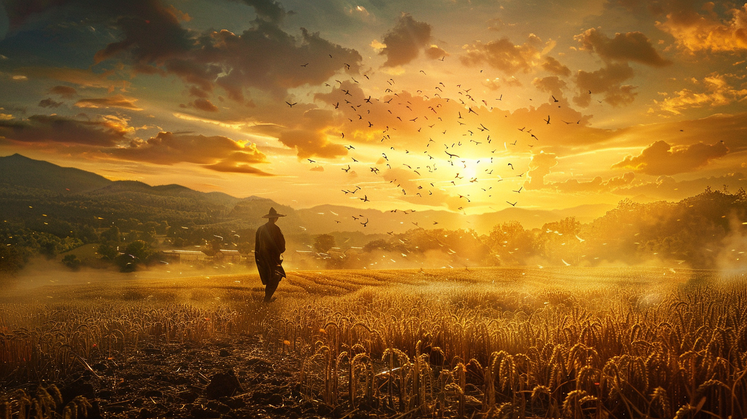 Farmer scattering seed at golden hour