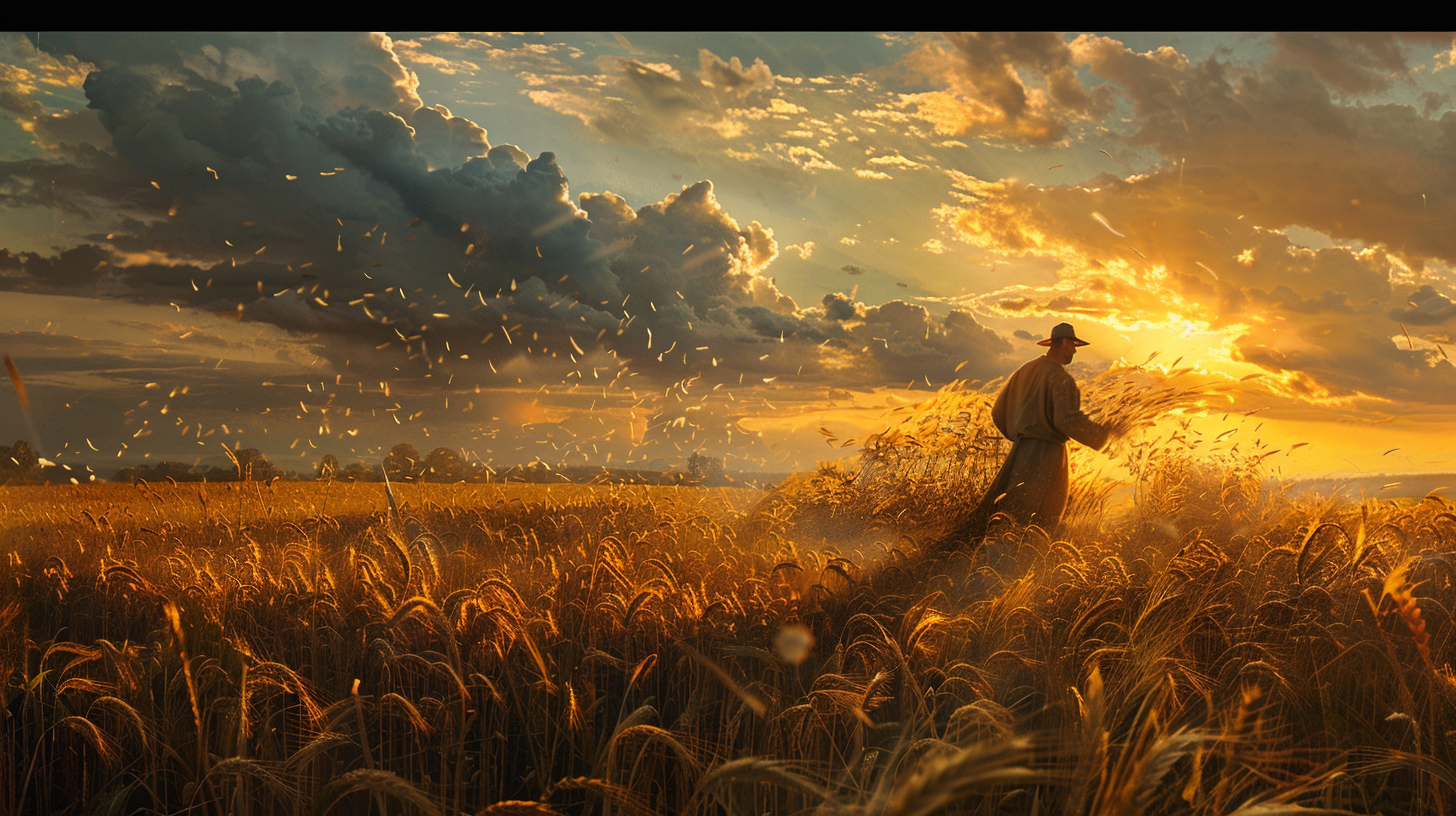 Farmer sowing seeds at sunset