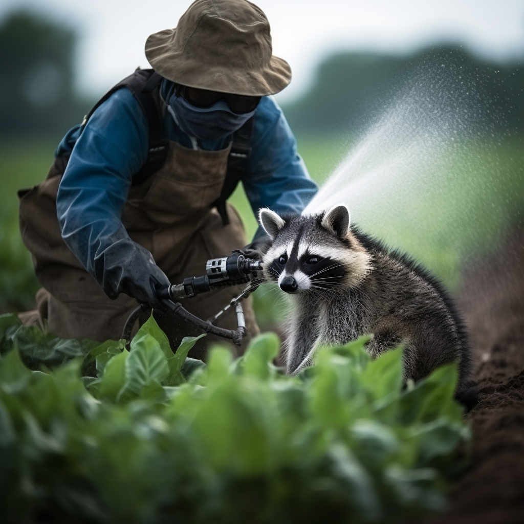 Farmer spraying pesticides at baby raccoon