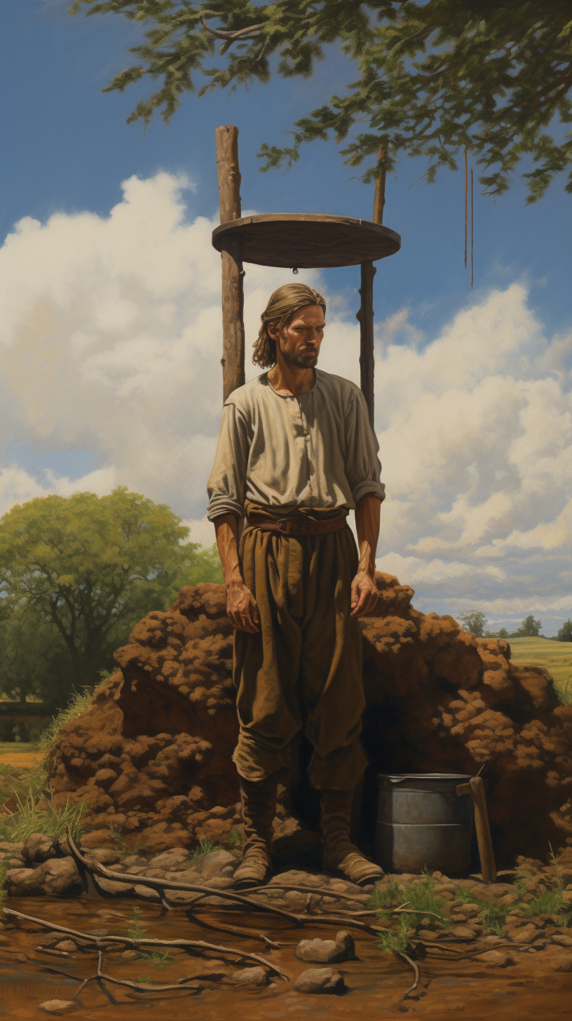 Farmer next to a well