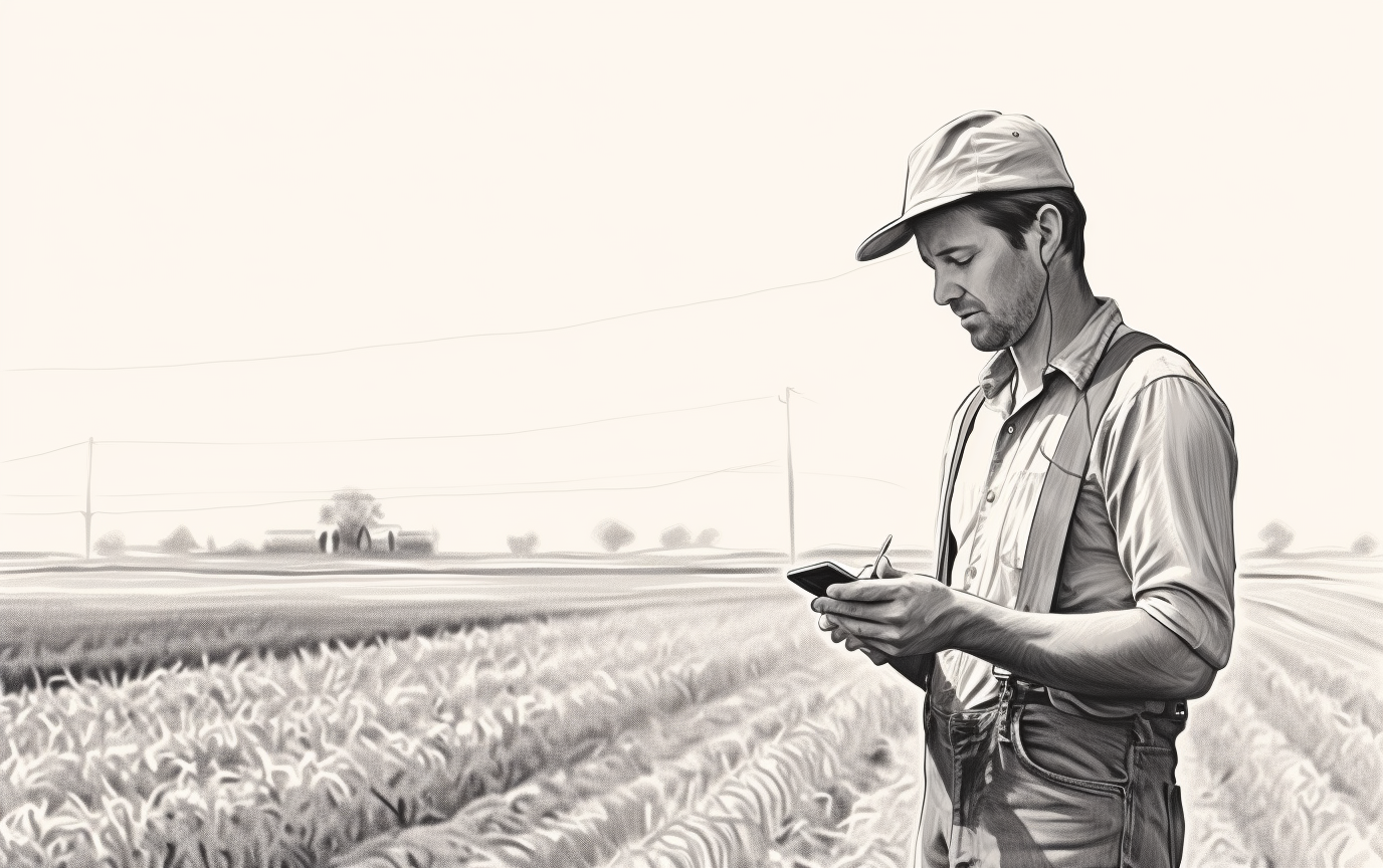 Pencil drawing of farmer in field using phone