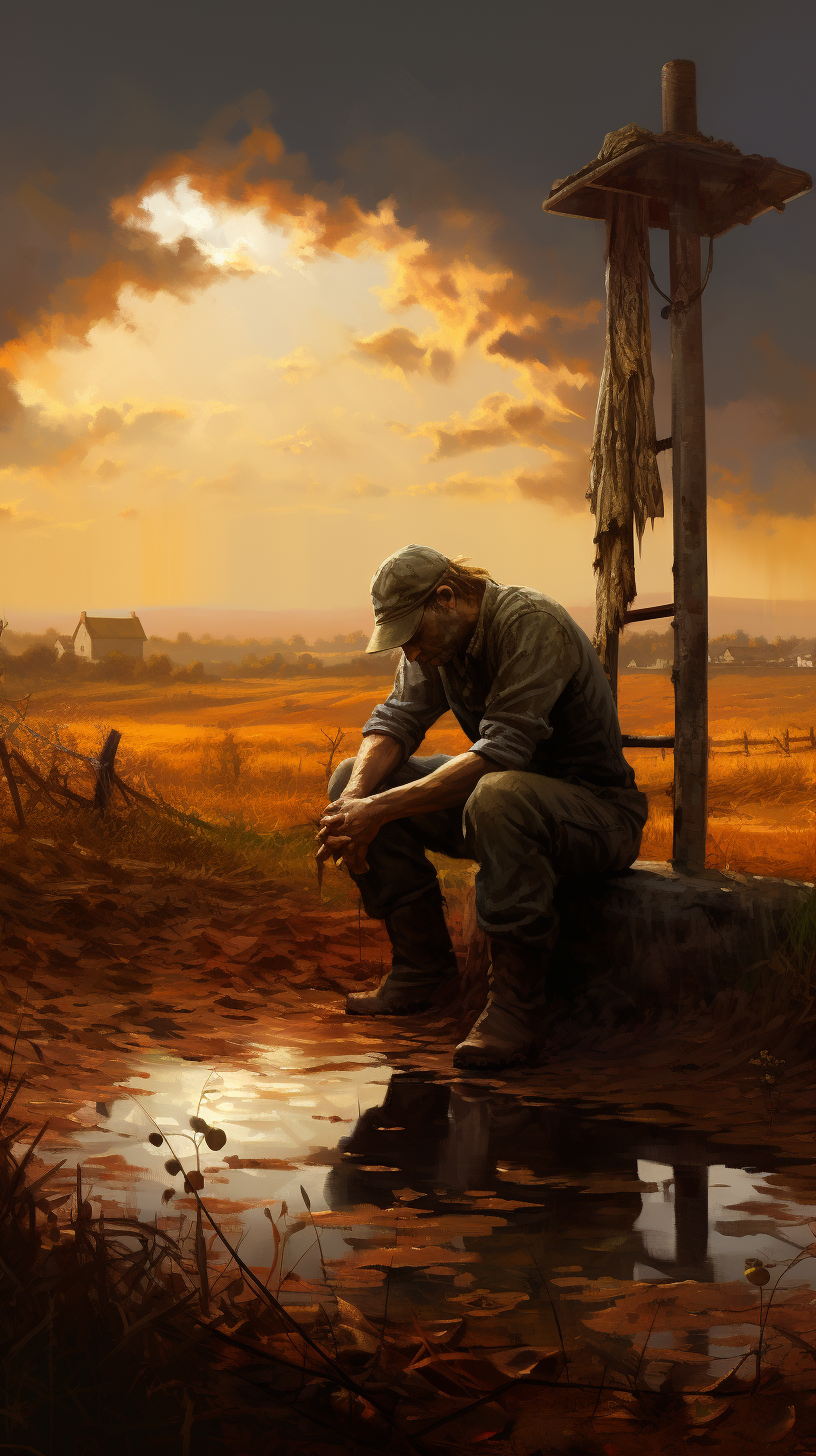 Farmer Reflecting Beside a Well