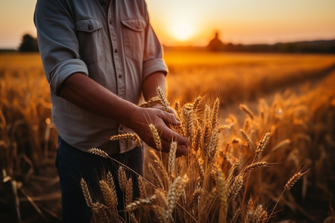 Two farmers shaking hands in wheat field at sunset