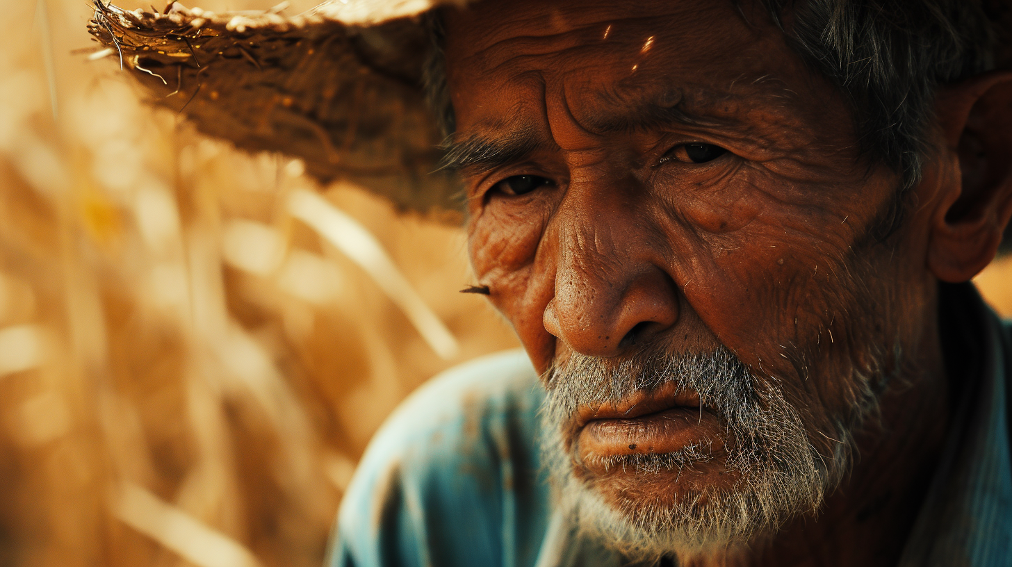 Closeup of Farmer Surveying Drought-Stricken Land