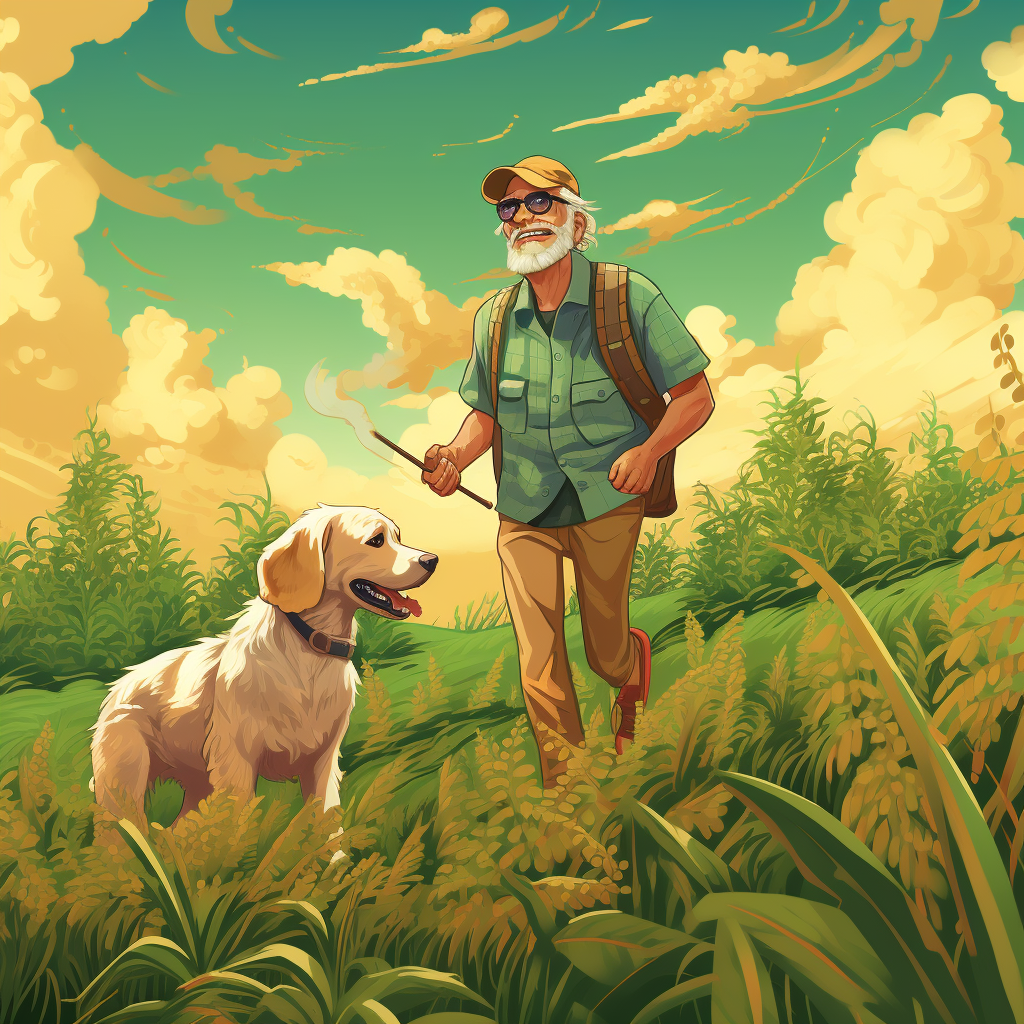 Old farmer walking with loyal golden retriever in cannabis field