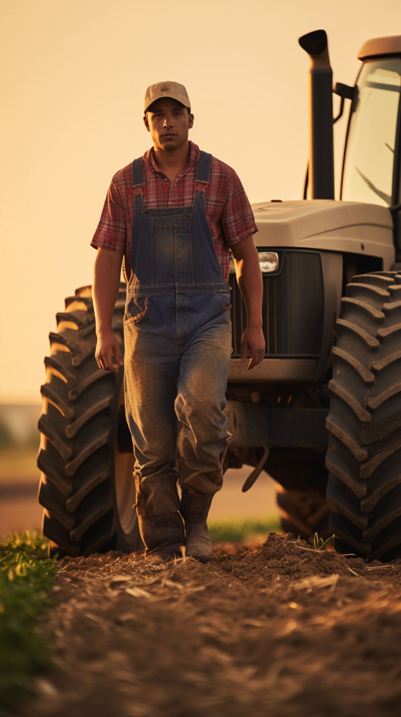 Farmer walking to tractor at sunset