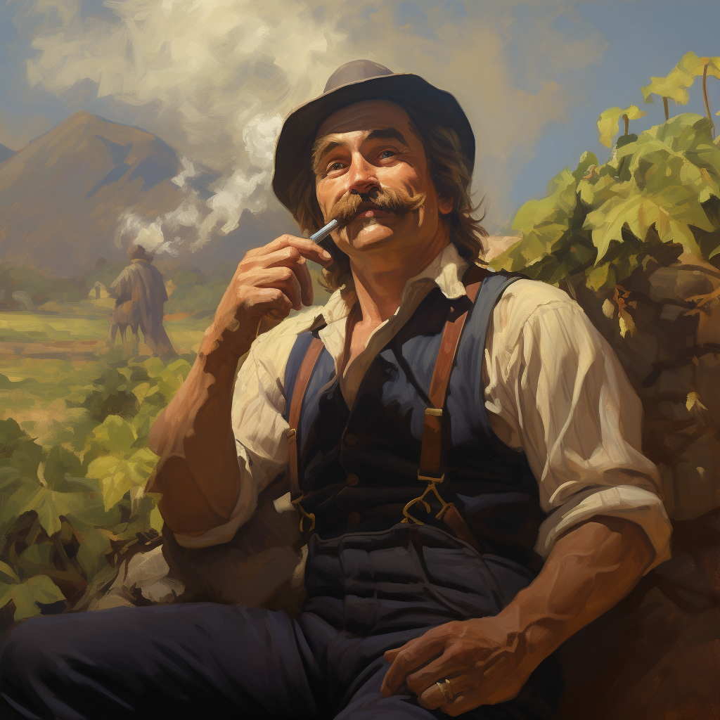 Stout farmer smoking vape with pocket knife