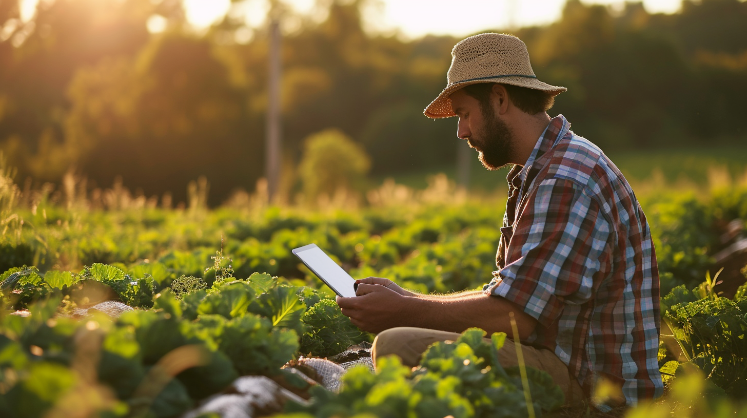 Farmer using tablet in green field