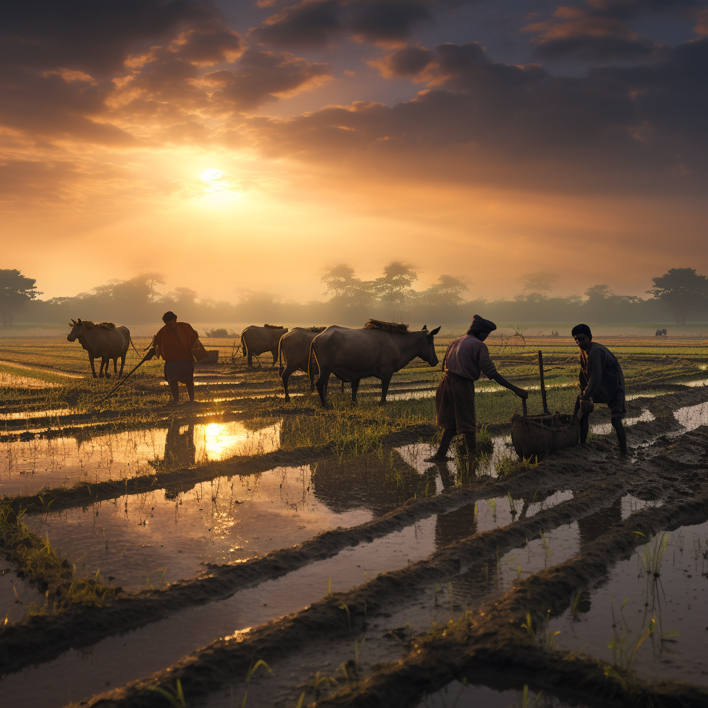 Farmers sowing paddy seeds on field