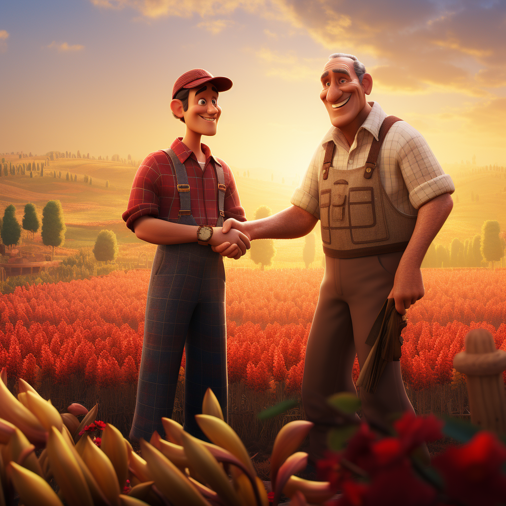 Two farmers shaking hands in coffee cropfield