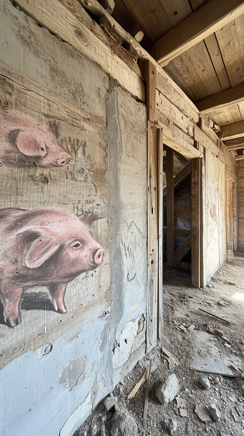 Pink pig drawings in farmhouse barn