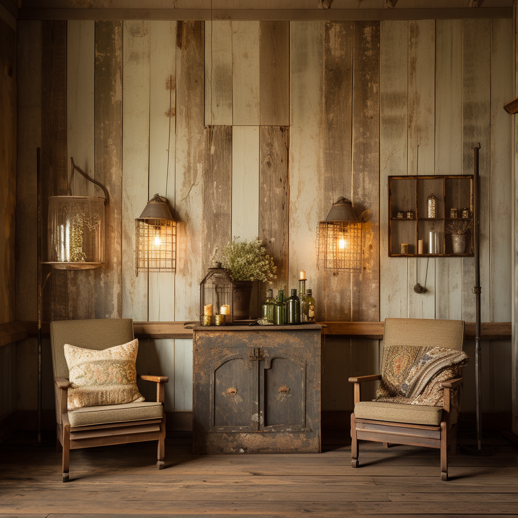 Farmhouse interior with lighting and wall decor