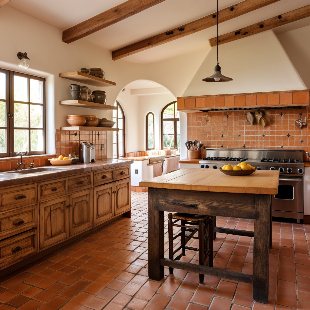 Farmhouse kitchen with terracotta ceramic tiles and island sink