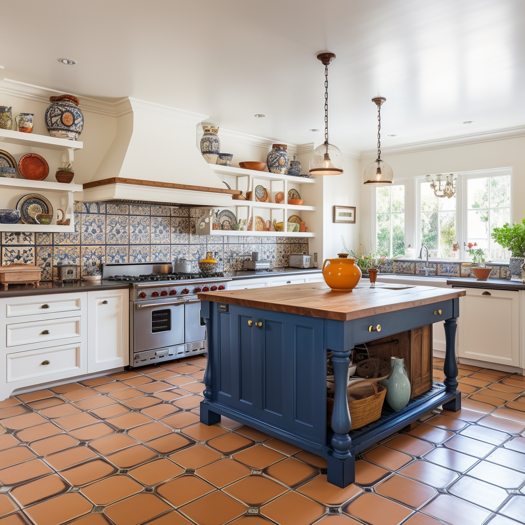 Beautiful farmhouse kitchen with terracotta ceramic tiles