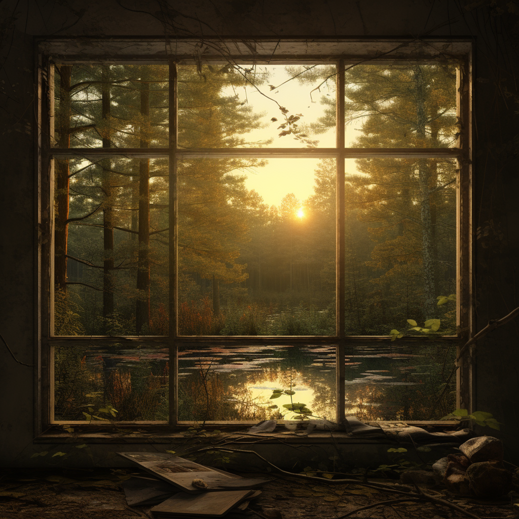 Old farmhouse window with forest view and sunset reflection