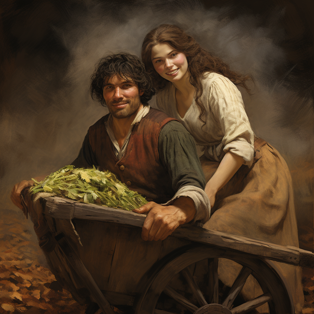 Dirty and Disheveled Farming Couple with Futuristic Wheelbarrow