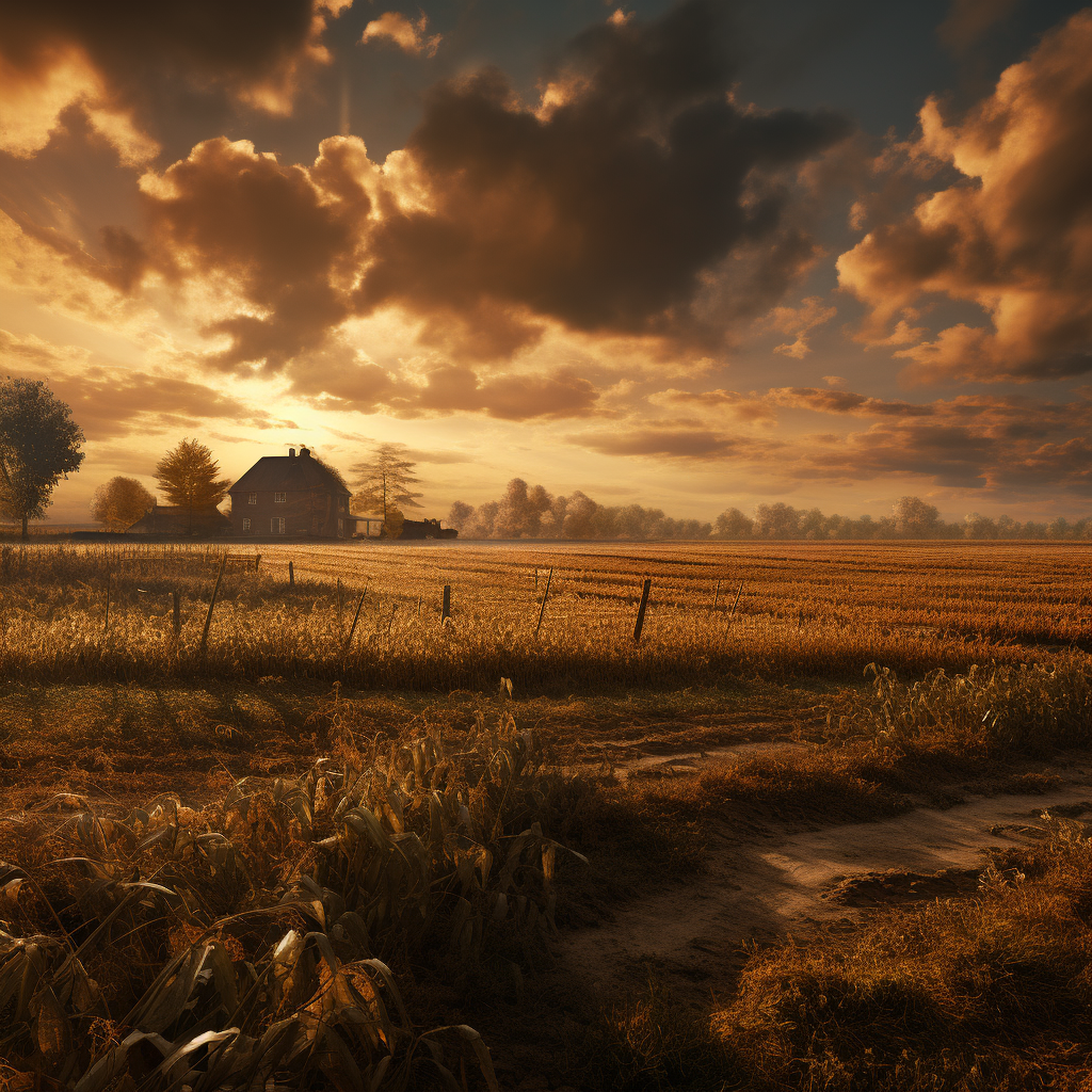 Picturesque farmland in autumn sunset