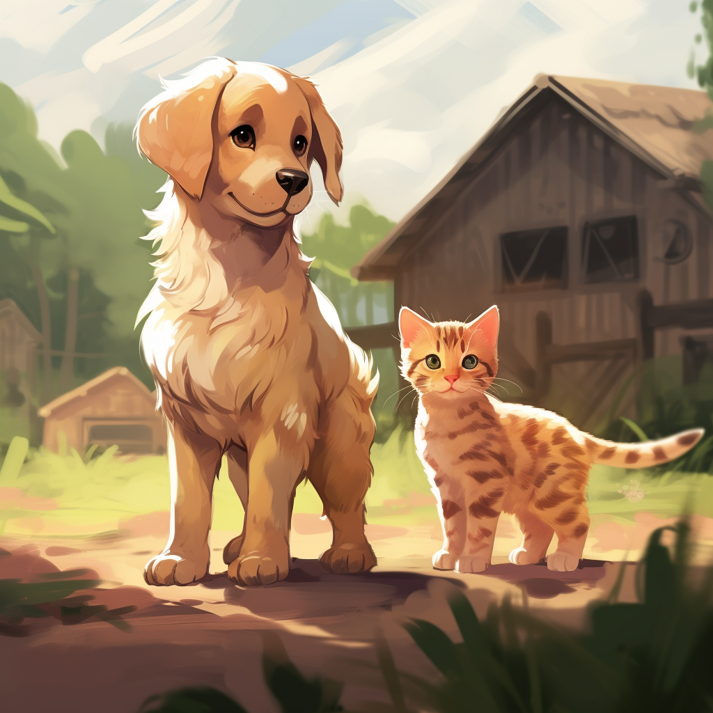 Adult golden retriever and cute tabby kitten in a farm yard