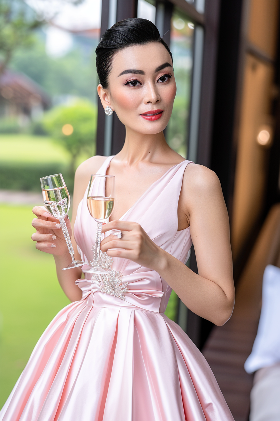 Woman standing on plane wing in pink dress and white heels