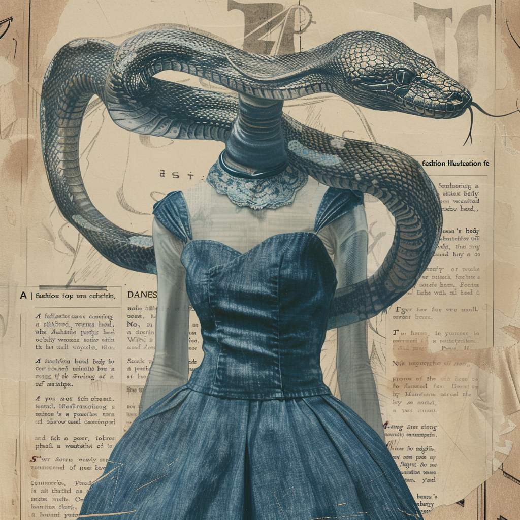 Woman wearing denim dress with snake head