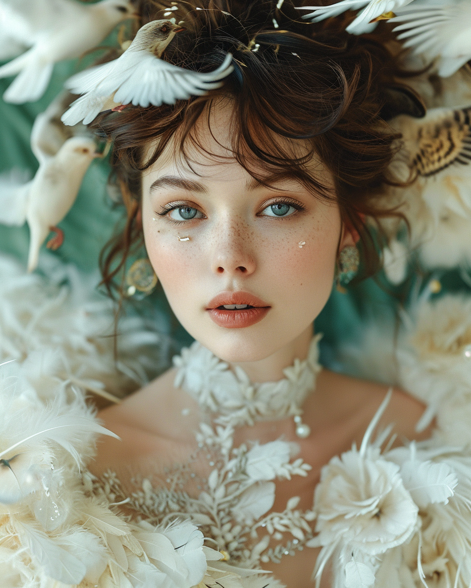 Model in Feather Dress with Flying Birds