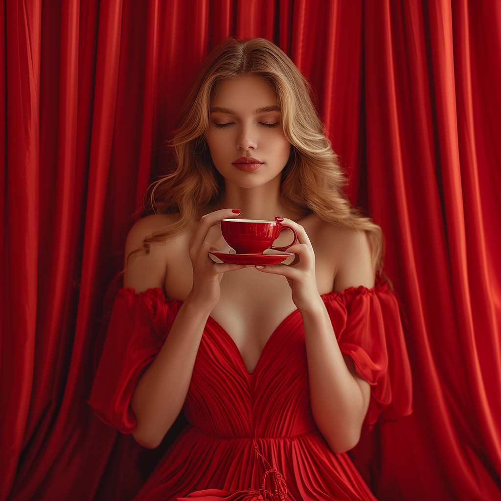 Fashion Model in Dress Drinking Coffee on Red Background