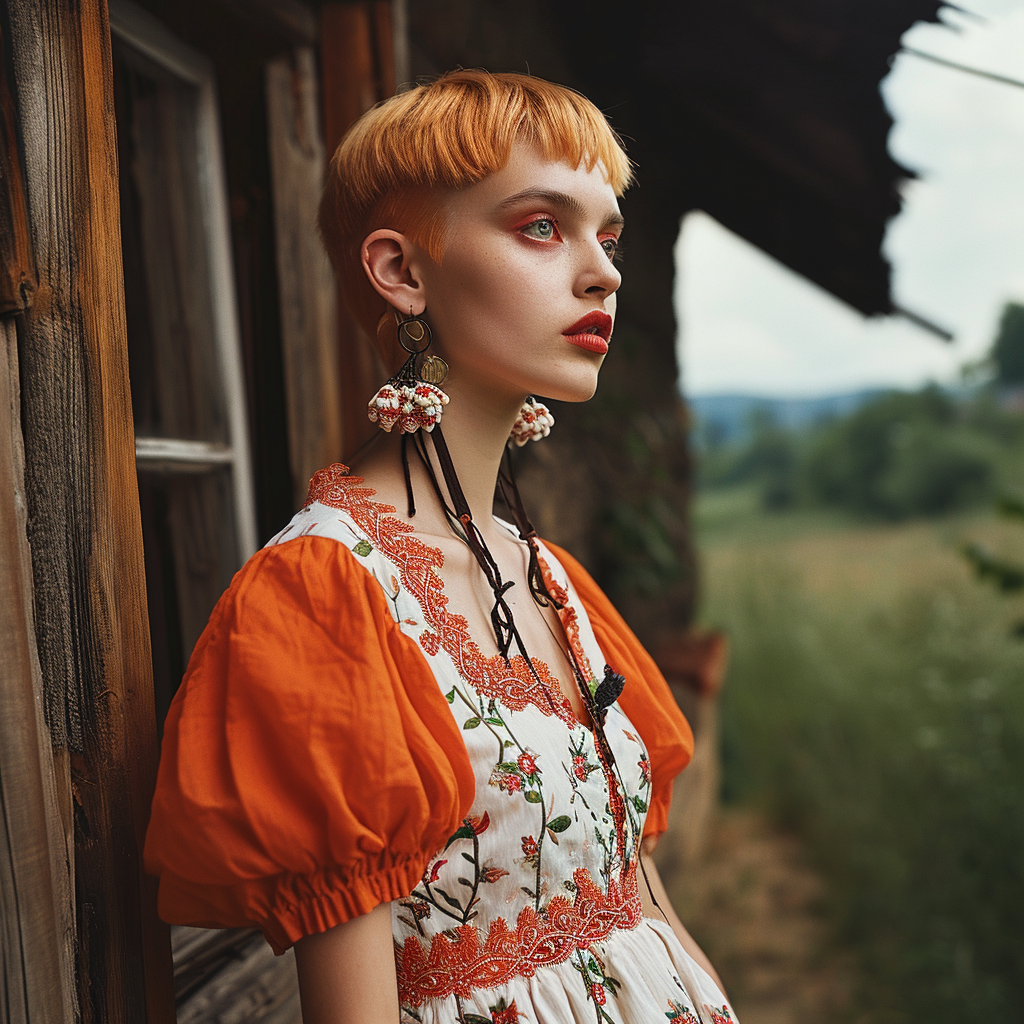 Woman with Short Strawberry Blonde Hair in Traditional Slavic Celebration