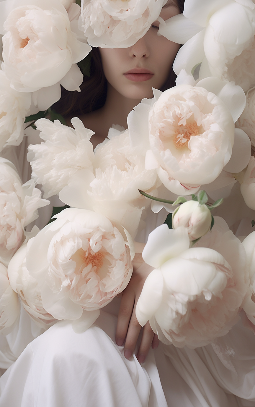 Fashion Portrait with Skin and Peonies Flowers