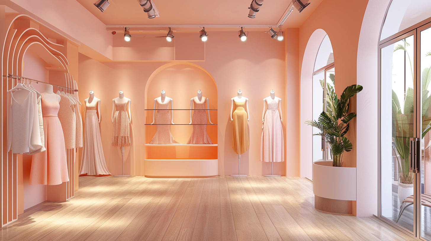 Fashion retail shop with trendy mannequins in soft peach-colored walls