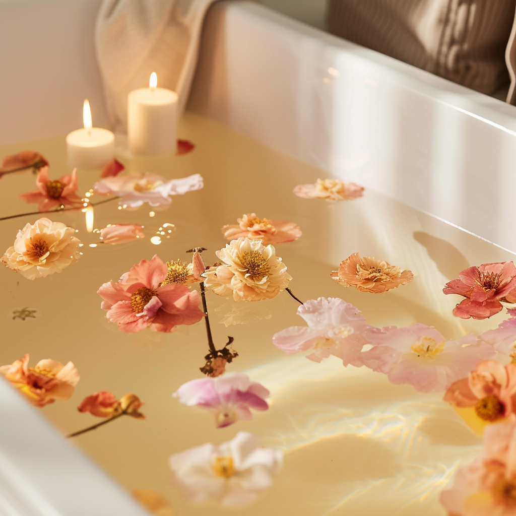 Fashion serum floating in bathtub with flowers