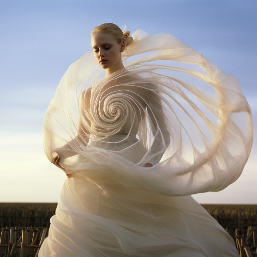 Woman in Haute Couture Dress Inspired by Snail Shell