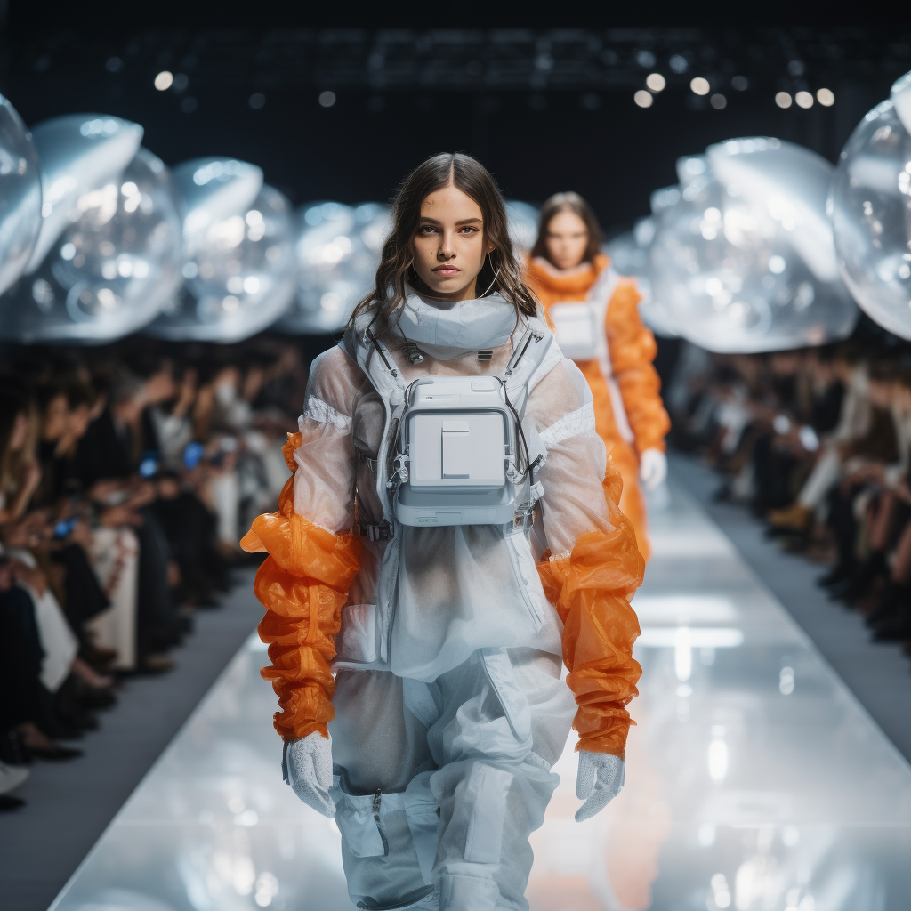 Models in space suits walking the runway