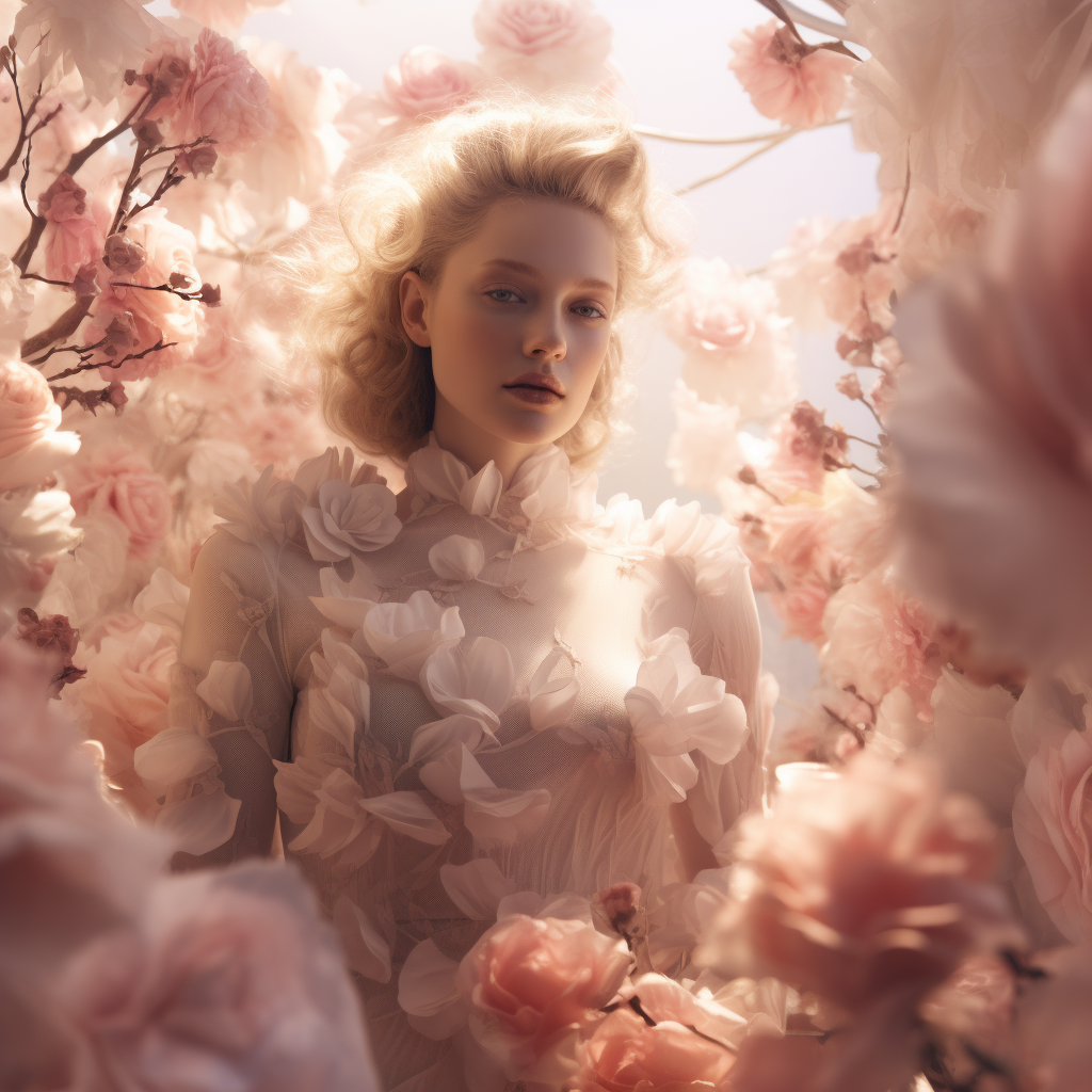 Fashion silk model surrounded by flowers