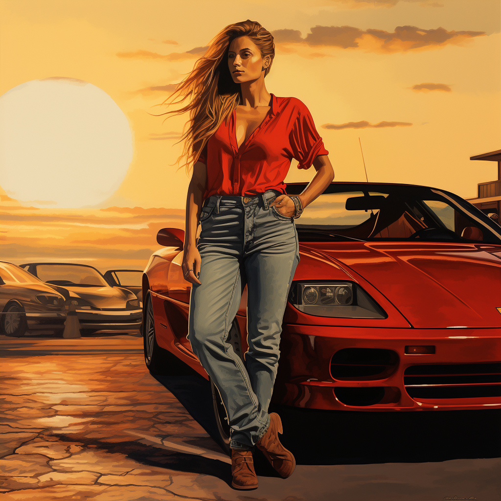 Enigmatic woman with red Ferrari Testarossa at sunset