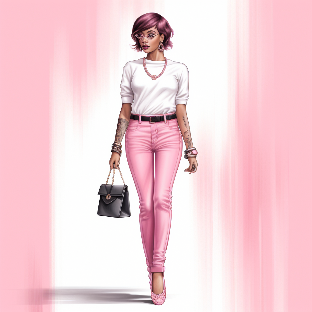 Beautiful Black Woman in Pink Jean Suit with Chanel Bag